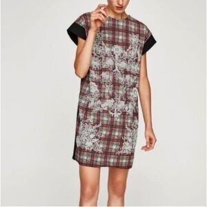 Zara Plaid Embroidered Shift Dress Size Medium .